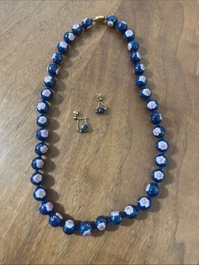 Vintage Blue Floral Bead Necklace and Earring Set - Elegant Women's Jewelry
